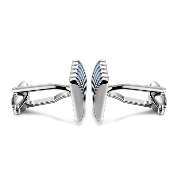 Mens Metal Striped Cuff Links Silver Blue - Picture 2 of 4
